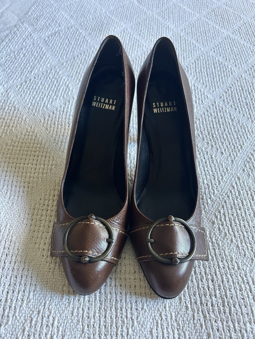 Vintage Stuart Weitzman Brown Leather Rhinestone Buckle Pumps Heels Sz 6.5M